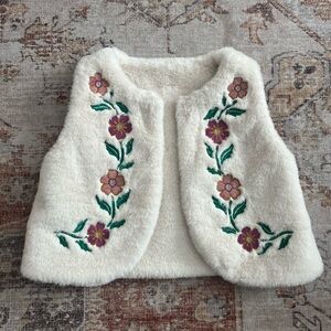Mini Boden Kids' Floral Embroidered Reversible Faux Fur Vest in Natural Ivory